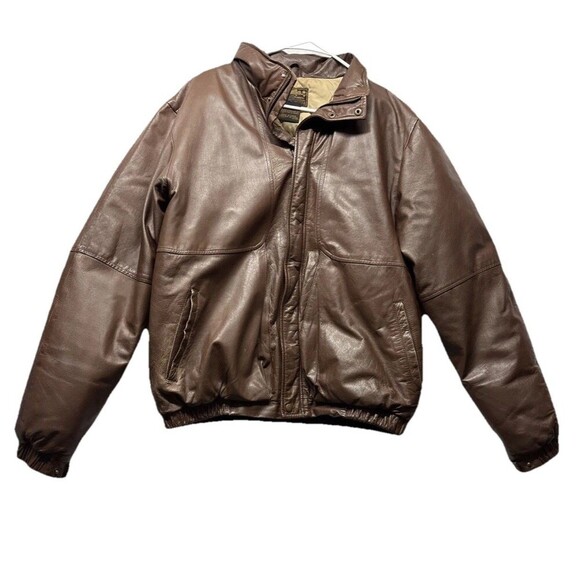 EDDIE BAUER Vintage Leather Jacket Goose Down Lined Men's Sz L Tall Brown Bomber - Picture 1 of 8